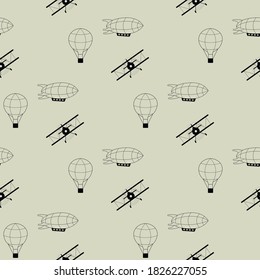 airplane, hot air balloon, airship, seamless pattern, vector illustration