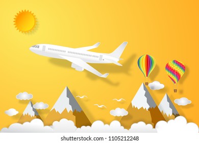 Airplane and hot air balloons flying under orange sky and sunny as paper art, craft style and business, journey and travel concept. vector illustration