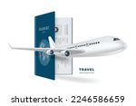 Airplane hovering in front of a blue passport for international travel and tourism advertisement design, vector 3d isolated on white background for international travel advertising design