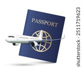 Airplane hovering in front of a blue passport, international travel and tourism advertisement design, vector illustration