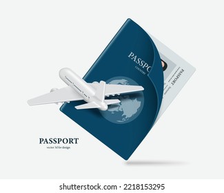 Airplane hovering in front blue passport for international travel   tourism advertisement design  vector 3d isolated white background for international travel advertising design 