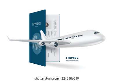 Airplane hovering in front blue passport for international travel   tourism advertisement design  vector 3d isolated white background for international travel advertising design
