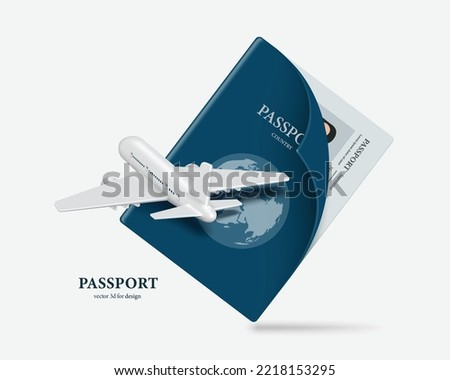 Airplane hovering in front of a blue passport for international travel and tourism advertisement design, vector 3d isolated on white background for international travel advertising design.