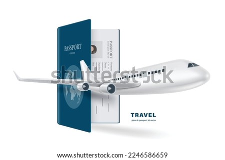 Airplane hovering in front of a blue passport for international travel and tourism advertisement design, vector 3d isolated on white background for international travel advertising design