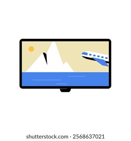 Airplane And Iceberg On TV Screen In Flat Vector Illustration Symbolizing Travel, Adventure, And Exploration, Isolated On White Background