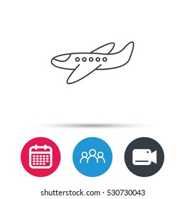 Airplane icon. Aircraft travel sign. Flight transport symbol. Group of people, video cam and calendar icons. Vector