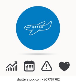 Airplane icon. Aircraft travel sign. Flight transport symbol. Calendar, attention sign and growth chart. Button with web icon. Vector