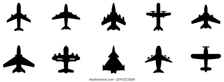 Airplane icon. Black airplane icon collection. Set of black plane silhouette icon. Vector Illustration. Vector Graphic. EPS 10	