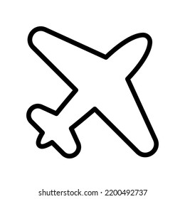 Airplane icon. Black contour linear silhouette. Top view in front. Editable strokes. Vector simple flat graphic illustration. Isolated object on a white background. Isolate.