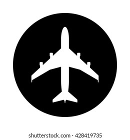 Airplane icon. Black round icon isolated on white background. Round icon. Airplane silhouette. Simple circle icon. Web site page and mobile app design vector element.