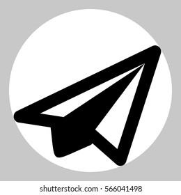 Airplane icon. Black icon in white circle at gray background.