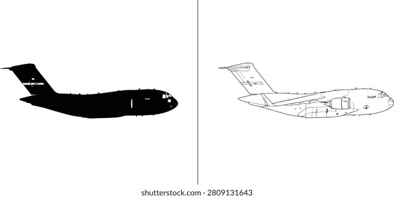Airplane Icon of a Cargo Aircraft in Solid Black Silhouette and Outline Style, Perfect for Aviation Concepts