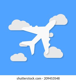 Airplane icon, with clouds on background. Paper style. Airplane icon, on blue background. Use for banner, card, poster, brochure, banner, app, web design. Easy to edit. Vector illustration - EPS10.