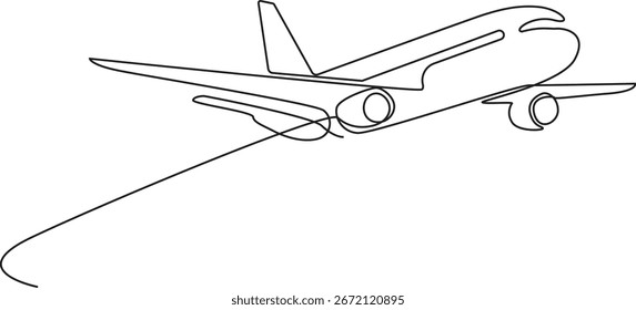 Flugzeugsymbol durchgehende einzeilige Zeichnung der Umrissvektorgrafik, Eine durchgehende Linienzeichnung des Flugzeugs. Geschäftskonzept des Weltreisens.