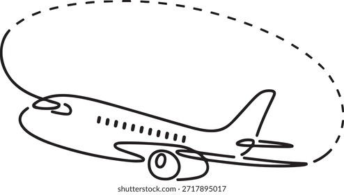 Ícone de avião desenho contínuo de uma linha da ilustração vetorial de contorno, desenho contínuo de uma linha do caminho do avião. Conceito de negócios de viagens pelo mundo e voos internacionais.
