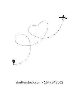 Airplane icon with dashed line flight path forming a heart shape trail - black plane travel route symbol isolated on white background. Flat vector illustration.