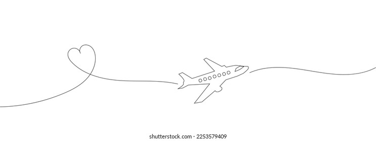 Icono de avión con trayectoria de vuelo de línea discontinua formando un rastro de forma cardíaca - símbolo de ruta de viaje de avión negro aislado en fondo blanco. Ilustración vectorial plana.