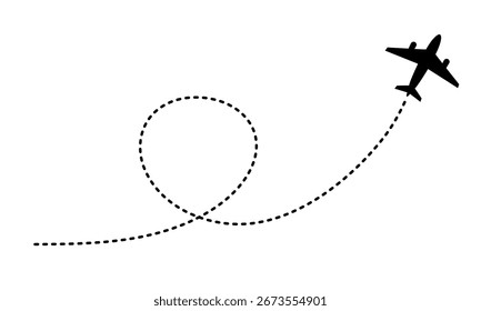 Airplane icon with dashed loop path. Vector illustration. Plane symbol flying with dotted line route. Design for travel.