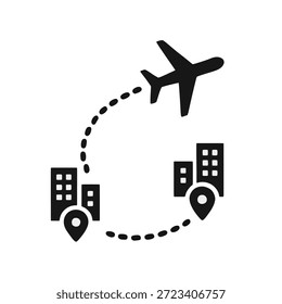 Ein Flugzeugsymbol mit einer gepunkteten Flugbahnkurve, die zwei Städte verbindet.