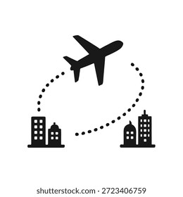 Un icono de avión con una curva de ruta de vuelo punteada que conecta dos ciudades.