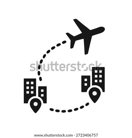 An airplane icon with a dotted flight path curve connecting two cities.
