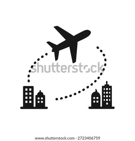 An airplane icon with a dotted flight path curve connecting two cities.