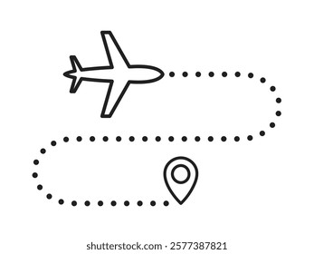 Airplane Icon with Dotted Path and Location Pin - Ideal for Travel, Navigation, Aviation, and Tourism Concepts. Perfect for Journey Planning, Logistics, and Holiday-Themed Designs.