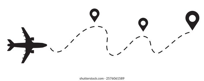 Airplane icon dotted route line vector illustration. Path travel line shapes. Flight route with start point and dash line trace for plane track.