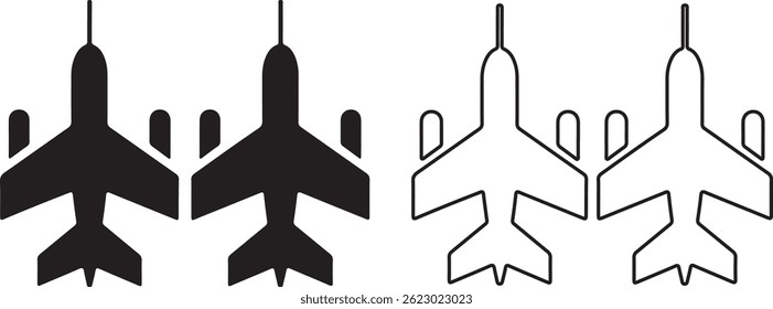 Airplane icon filled and line style. Plane icon set and jet fighter solid and outline vector  