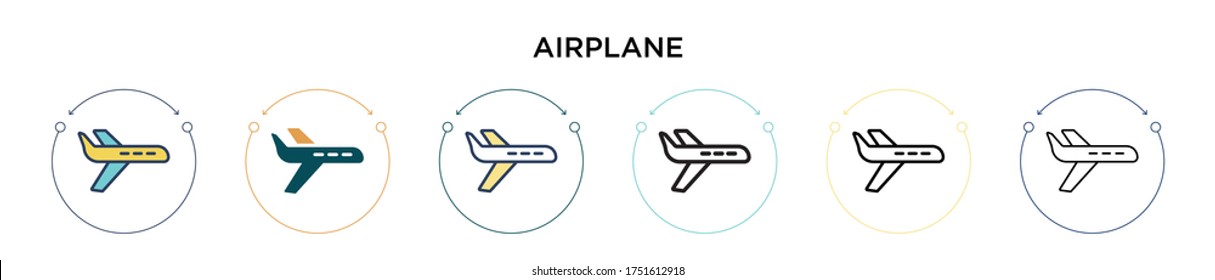 Airplane icon in filled, thin line, outline and stroke style. Vector illustration of two colored and black airplane vector icons designs can be used for mobile, ui, web