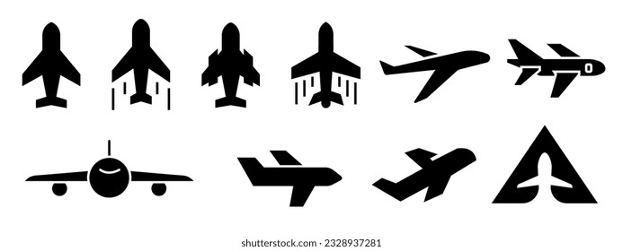 Airplane icon filled vector set collection of outlined flight sign symbol. Jet air ways tourism aviation mark. Black and white flat line plane logo. Travel journey web app ui stroke icon