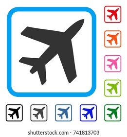 Airplane icon. Flat gray pictogram symbol in a light blue rounded squared frame. Black, gray, green, blue, red, orange color additional versions of Airplane vector.