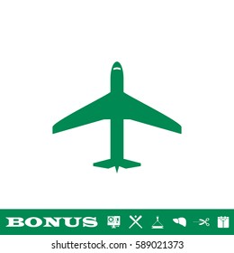 Airplane icon flat. Green pictogram on white background. Vector illustration symbol and bonus button