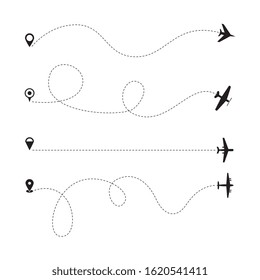 Airplane Icon Flight Path Set With Different Wavy Or Straight Trace Routes And Plane Icons Isolated On White Background - Dashed Line Collection, Vector Illustration