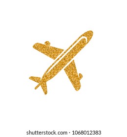 Airplane icon in gold glitter texture. Sparkle luxury style vector illustration.