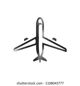 Airplane icon in halftone style. Black and white monochrome vector illustration.