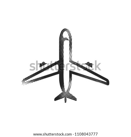 Airplane icon in halftone style. Black and white monochrome vector illustration.