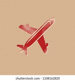 Airplane icon in halftone style. Grunge background vector illustration.
