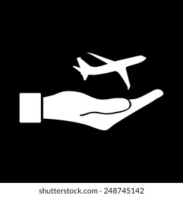 Airplane Icon in hand - vector icon on a black background