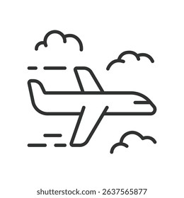 Airplane, icon in line design. Airplane, aircraft, flight, aviation, travel, airplane icon, jet on white background vector. Airplane editable stroke icon