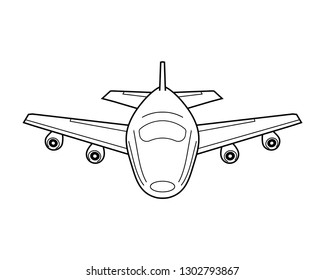 Airplane icon with lines. Front view silhouette on white.