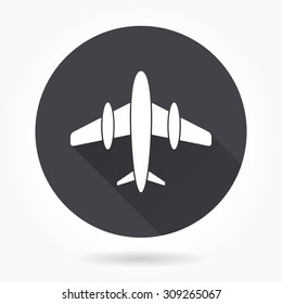 Airplane  icon with long shadow, flat design. Vector illustration.