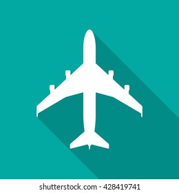 Airplane icon with long shadow. Flat design style. Airplane silhouette. Simple green icon. Modern flat icon in stylish colors. Web site page and mobile app design vector element.