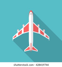 Airplane icon with long shadow. Flat design style. Airplane silhouette. Simple icon. Modern flat icon in stylish colors. Web site page and mobile app design vector element.