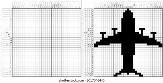 Airplane Icon Nonogram Pixel Art,Logic Puzzle Game Griddlers, Pic-A-Pix, Picture Paint By Numbers, Picross, Aeroplane Icon, Engine Powered Fixed Wing Aircraft Vector Art Illustration