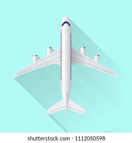 Airplane icon on blue background with shadow, travel background, vector illustration