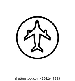 Icono de avión en estilo de contorno. Transporte de aviación despegue de pasajeros de viaje. Símbolo de avión, avión de pasajeros, diseño de línea simple de avión. Ilustración vectorial aislada sobre fondo blanco.