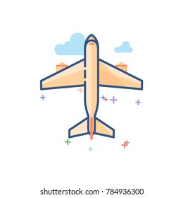 Airplane icon in outlined flat color style. Vector illustration.