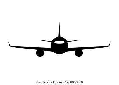 Airplane icon. Passenger airliner. Black silhouette. Front view. Vector simple flat graphic illustration. The isolated object on a white background. Isolate.