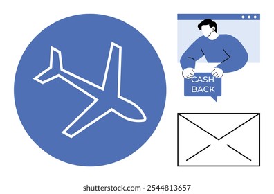 Airplane icon, person holding cashback sign, and envelope symbol. Ideal for travel rewards, customer incentives, financial savings, online offers, and communication. Simple modern style